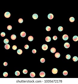 Falling colorful confetti background. Simple Pattern of Gradient Colored Circles on  Black Background. Bright background with scattered confetti. Colored postcard.