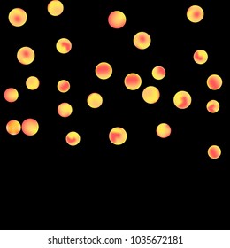 Falling colorful confetti background. Simple Pattern of Gradient Colored Circles on  Black Background. Bright background with scattered confetti. Colored postcard.