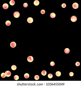 Falling colorful confetti background. Simple Pattern of Gradient Colored Circles on  Black Backdrop. Bright background with scattered confetti. Colored postcard.