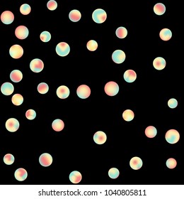 Falling colorful confetti background. Simple Pattern of Gradient Colored Circles on  Black Backdrop. Bright background with scattered confetti. Colored postcard.