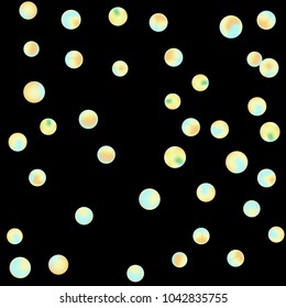 Falling colorful confetti background. Simple Pattern of Gradient Colored Circles on  Black Background. Bright background with scattered confetti. Colored postcard.