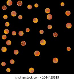 Falling colorful confetti background. Simple Pattern of Gradient Colored Circles on  Black Backdrop. Bright background with scattered confetti. Colored postcard.