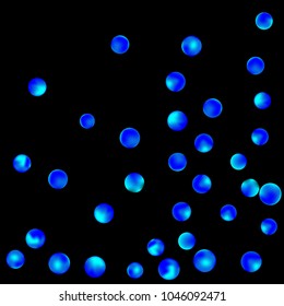 Falling colorful confetti background. Simple Pattern of Gradient Colored Circles on  Black Background. Bright background with scattered confetti. Colored postcard.