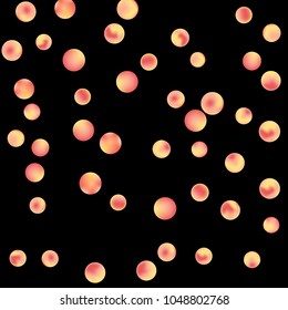 Falling colorful confetti background. Simple Pattern of Gradient Colored Circles on  Black Background. Bright background with scattered confetti. Colored postcard.