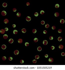Falling colorful confetti background. Simple Pattern of Gradient Colored Circles on  Black Backdrop. Bright background with scattered confetti. Colored postcard.