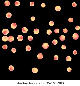 Falling colorful confetti background. Simple Pattern of Gradient Colored Circles on  Black Backdrop. Bright background with scattered confetti. Colored postcard.