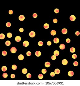 Falling colorful confetti background. Simple Pattern of Gradient Colored Circles on  Black Backdrop. Bright background with scattered confetti. Colored postcard.