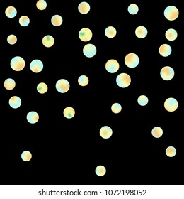 Falling colorful confetti background. Simple Pattern of Gradient Colored Circles on  Black Background. Bright background with scattered confetti. Colored postcard.