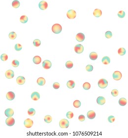 Falling colorful confetti background. Simple Pattern of Gradient Colored Circles on  White Background. Bright background with scattered confetti. Colored postcard.