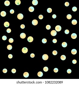 Falling colorful confetti background. Simple Pattern of Gradient Colored Circles on  Black Backdrop. Bright background with scattered confetti. Colored postcard.