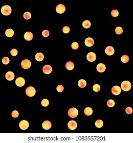 Falling colorful confetti background. Simple Pattern of Gradient Colored Circles on  Black Backdrop. Bright background with scattered confetti. Colored postcard.