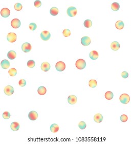 Falling colorful confetti background. Simple Pattern of Gradient Colored Circles on  White Backgdrop. Bright background with scattered confetti. Colored postcard.