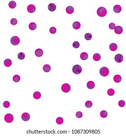 Falling colorful confetti background. Simple Pattern of Gradient Colored Circles on  White Backgdrop. Bright background with scattered confetti. Colored postcard.