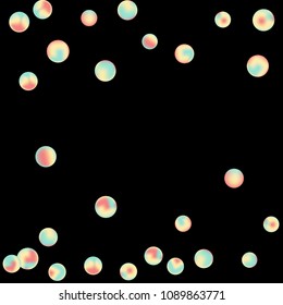Falling colorful confetti background. Simple Pattern of Gradient Colored Circles on  Black Backdrop. Bright background with scattered confetti. Colored postcard.