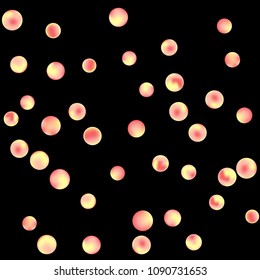 Falling colorful confetti background. Simple Pattern of Gradient Colored Circles on  Black Backdrop. Bright background with scattered confetti. Colored postcard.