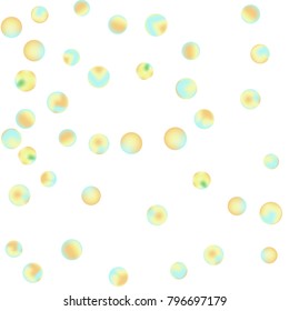 Falling colorful confetti background. Simple Pattern of Gradient Colored Circles on  White Background. Bright background with scattered confetti. Colored postcard.