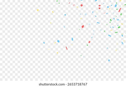 Falling colorful confetti on transparent background. Festive confetti png. Festive background.