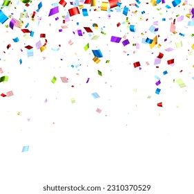 Falling colorful cut out foil ribbon confetti background. Design element for web, cards, flyers, invitations. Vector illustration.