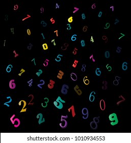 falling colorful figures, numbers backdrop on black background

