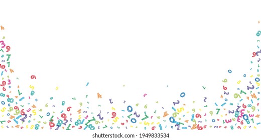 Falling colorful messy numbers. Math study concept with flying digits. Dazzling back to school mathematics banner on white background. Falling numbers vector illustration.