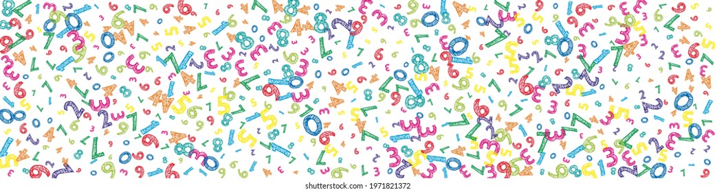 Falling colorful messy numbers. Math study concept with flying digits. Curious back to school mathematics banner on white background. Falling numbers vector illustration.