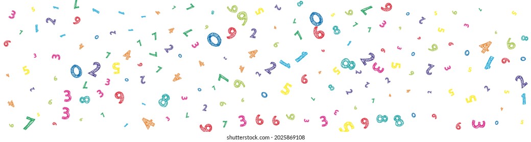 Cayendo coloridos números desordenados. Concepto de estudio matemático con dígitos voladores. Gracioso de vuelta a la pancarta de matemáticas escolares sobre fondo blanco. Ilustración vectorial de números en disminución.