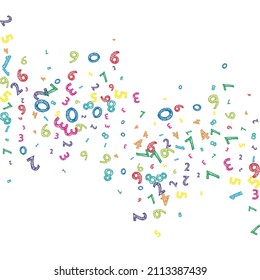 Cayendo coloridos números desordenados. Concepto de estudio matemático con dígitos voladores. Precioso cartel de matemáticas escolares de fondo blanco. Ilustración vectorial de números en disminución.