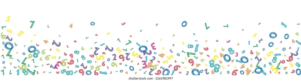 Falling colorful messy numbers. Math study concept with flying digits. Shapely back to school mathematics banner on white background. Falling numbers vector illustration.