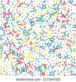 Falling colorful messy numbers. Math study concept with flying digits. Actual back to school mathematics banner on white background. Falling numbers vector illustration.