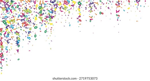 Caída de números coloridos. Concepto de estudio de matemáticas con dígitos voladores. Anuncio de matemáticas de regreso a la escuela sobre fondo blanco. Ilustración vectorial de números decrecientes.