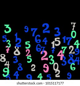 Falling colorful numbers on black background. Abstract background of color numbers for banner or poster. Pattern of randomly distributed numbers from zero to nine in color.
