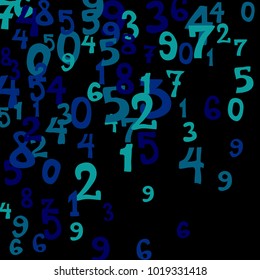 Falling colorful numbers on black background. Abstract colorful background for card or banner. Pattern of randomly distributed numbers from zero to nine in color.