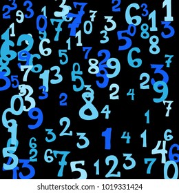 Falling colorful numbers on black background. Abstract background of color numbers for card or print. Pattern of randomly distributed numbers from zero to nine in color.