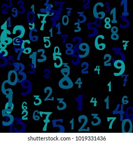 Falling colorful numbers on black background. Abstract colorful background for card or banner. Pattern of randomly distributed numbers from zero to nine in color.