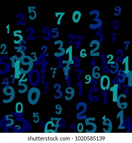 Falling colorful numbers on black background. Abstract colorful background for card or banner. Pattern of randomly distributed numbers from zero to nine in color.