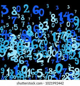 Falling colorful numbers on black background. Abstract background of color numbers for card or banner. Pattern of randomly distributed numbers from zero to nine in color.