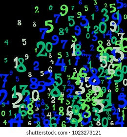 Falling colorful numbers on black background. Abstract colorful background for banner or poster. Pattern of randomly distributed numbers from zero to nine in color.