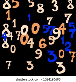 Falling colorful numbers on black background. Abstract background of color numbers for card or banner. Pattern of randomly distributed numbers from zero to nine in color.