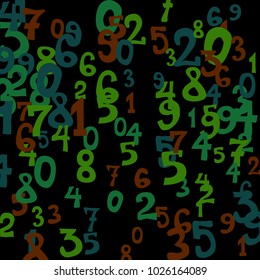 Falling colorful numbers on black background. Abstract background of color numbers for card or banner. Pattern of randomly distributed numbers from zero to nine in color.