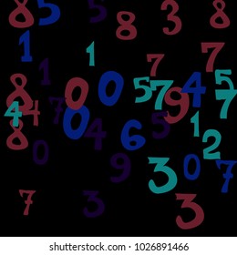 Falling colorful numbers on black background. Abstract colorful background for card or banner. Pattern of randomly distributed numbers from zero to nine in color.