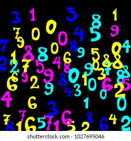 Falling colorful numbers on black background. Abstract background of color numbers for card or banner. Pattern of randomly distributed numbers from zero to nine in color.