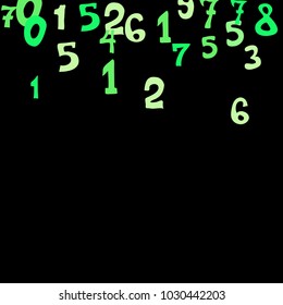 Falling colorful numbers on black background. Abstract colorful background for card or banner. Pattern of randomly distributed numbers from zero to nine in color.
