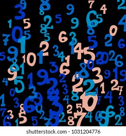 Falling colorful numbers on black background. Abstract colorful background for card or banner. Pattern of randomly distributed numbers from zero to nine in color.