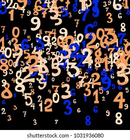 Falling colorful numbers on black background. Abstract colorful background for banner or poster. Pattern of randomly distributed numbers from zero to nine in color.