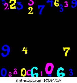 Falling colorful numbers on black background. Abstract background of color numbers for card or print. Pattern of randomly distributed numbers from zero to nine in color.