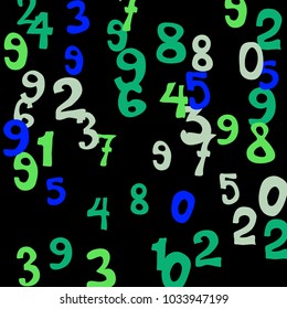 Falling colorful numbers on black background. Abstract colorful background for card or banner. Pattern of randomly distributed numbers from zero to nine in color.
