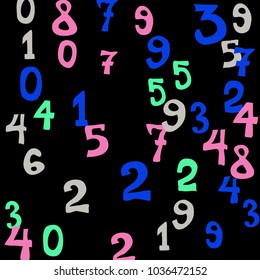 Falling colorful numbers on black background. Abstract background of color numbers for banner or poster. Pattern of randomly distributed numbers from zero to nine in color.