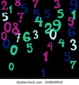 Falling colorful numbers on black background. Abstract background of color numbers for banner or poster. Pattern of randomly distributed numbers from zero to nine in color.