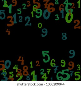 Falling colorful numbers on black background. Abstract colorful background for card or banner. Pattern of randomly distributed numbers from zero to nine in color.