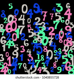 Falling colorful numbers on black background. Abstract colorful background for card or banner. Pattern of randomly distributed numbers from zero to nine in color.